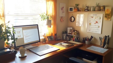 A well-organized home office space with a tidy desk, a cup of herbal tea, and an inspiring quote on the wall, promoting a sense of productivity and mental clarity 