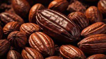 Naklejka premium A well ripened cocoa bean. cacoa seede are the main ingredient of chocolate, while the pulp is used in some countries to prepare refreshing juice, smoothies, jelly, and cream.