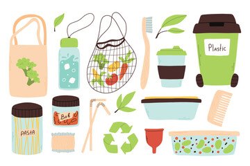 Zero waste set. Collection of environmental elements. Vector illustration.Flat style. Recyclable bio items.