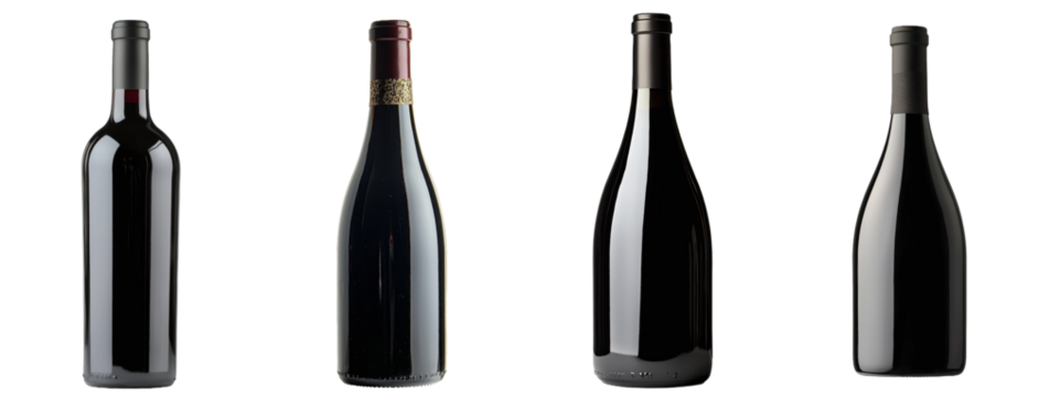 An isolated image of an empty black wine glass bottle on a transparent backdrop.