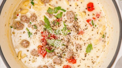 Rich and creamy Italian sausage soup with ditalini pasta, carrots, and Parmesan cheese in a savory broth, garnished with fresh parsley and black pepper, served in a comforting bowl.