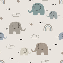 Cute seamless pattern with elephant. Mom and baby elephant. Kids flat design. Use for prints, textiles, fabric, wallpaper, stationery, nursery, wrapping paper, etc.