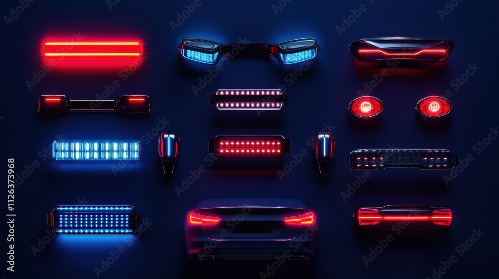 Poster Colorful LED car headlights and tail lights are neatly arranged against a dark background, providing ample space for additional text or information. Generative AI
