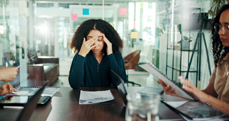 Stress, overworked and tired with business woman in meeting for deadline, anxiety and frustrated....