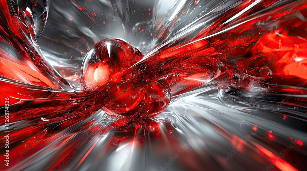 Poster abstract composition of swirling red and silver elements creating a dynamic visual experience