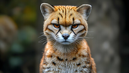 Obraz premium Close-up portrait of a Serval, a wild cat with intense orange fur and striking eyes, staring directly at the camera.