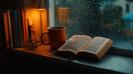Rainy day reading with coffee.