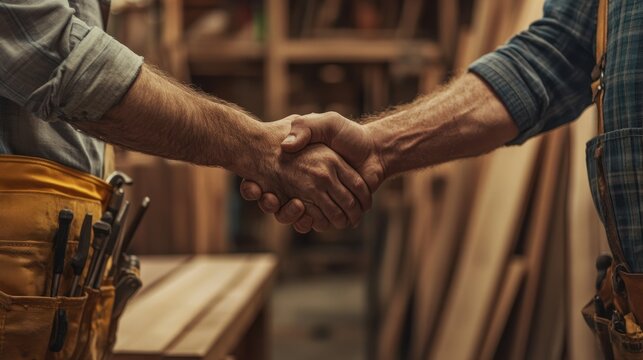 Craftsmen shaking hands in workshop. (1)