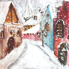 Winter medieval town street retro style Christmas original painting