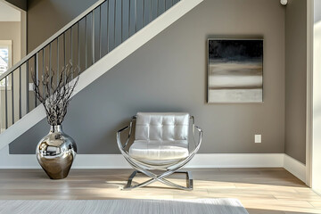 Neutral gray wall and contemporary living room