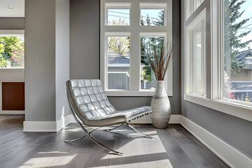 Neutral gray wall and contemporary living room