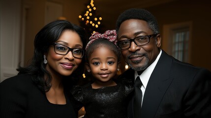 A family of three, a man and two women, are posing for a picture. The woman is wearing glasses and the man is wearing a tie. Scene is happy and family-oriented