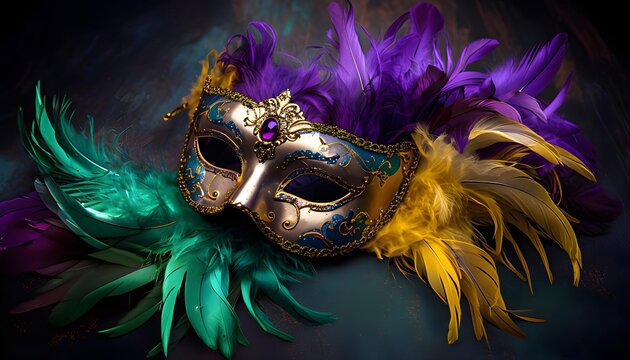 Ornate masquerade mask with colorful feathers, festive and mysterious, perfect for Mardi Gras