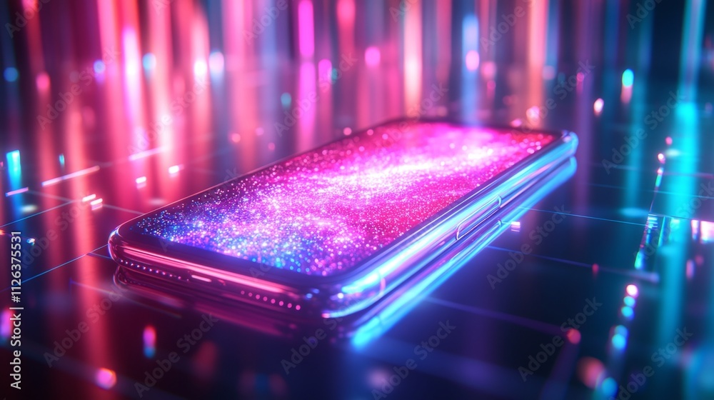 Poster A sleek smartphone showcases a captivating holographic display filled with vibrant cosmic patterns, set in a high-tech space illuminated by colorful lights