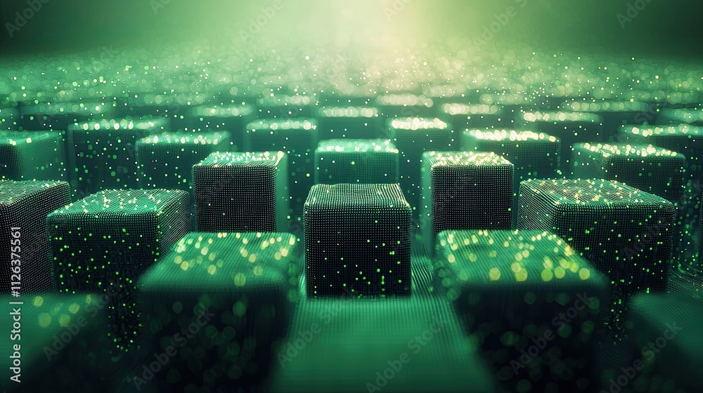 Poster digital landscape composed of interconnected cubes and shimmering particles in a technological setti