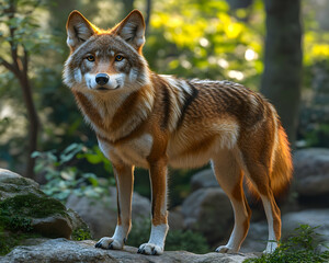 Obraz premium Majestic red wolf standing on rocks in a forest, sunlight illuminating its fur.