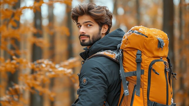 A man wearing a black jacket and a backpack is standing in a forest. He has a beard and a mustache