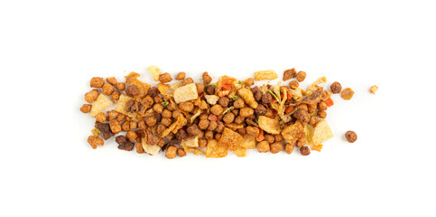Dried vegetables mix with carrots, onion, parsnip and soy meat isolated. Dry food pieces for instant noodles