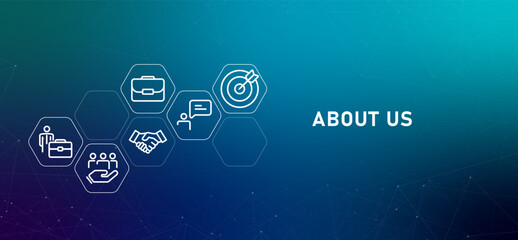 About us corporate profile gradients header company information communication business design outline icon with gradient blue background