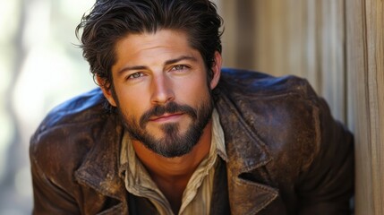 A man with a beard and a leather jacket is posing for a picture. He looks confident and relaxed