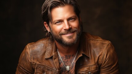 A man with a beard and a necklace is smiling. He is wearing a brown leather jacket. The man has a tattoo on his arm