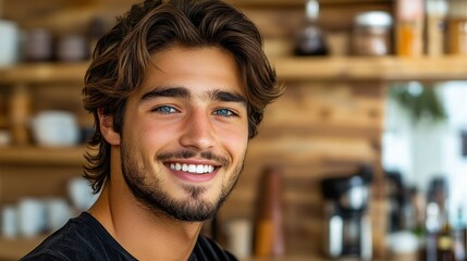 Obraz premium A man with a beard and blue eyes is smiling at the camera. He is wearing a black shirt and he is in a happy mood