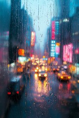 Colorful bokeh with street light at night. Raindrops on car windshield, traffic in the city on a rainy day. Blur background. Selective focus