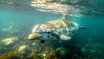 Obraz premium Underwater shot of a dolphin swimming near rocks.