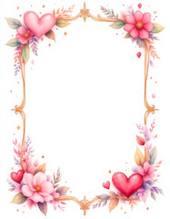 Watercolor frame decorated with hearts and pink flowers. Copy space for your custom text