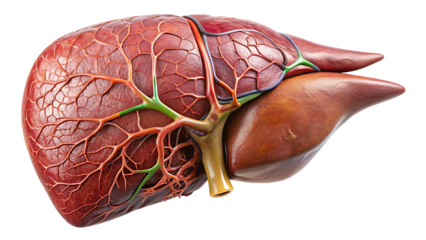 A highly detailed human liver with visible veins and lobes, on a white background.AI GENERATED