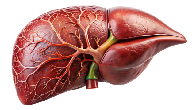A highly detailed human liver with visible veins and lobes, on a white background.AI GENERATED
