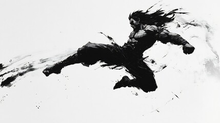 Powerful Kick - Warrior Leaping in Dramatic Ink Brushstroke Art