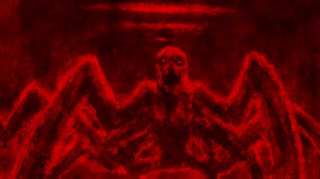 Scary zombie spider wakes up and attacks 2D animation. Abandoned space base with creepy monster inside. Evil mutant insect animated movie. Horror fiction character concept. Spooky place video clip.