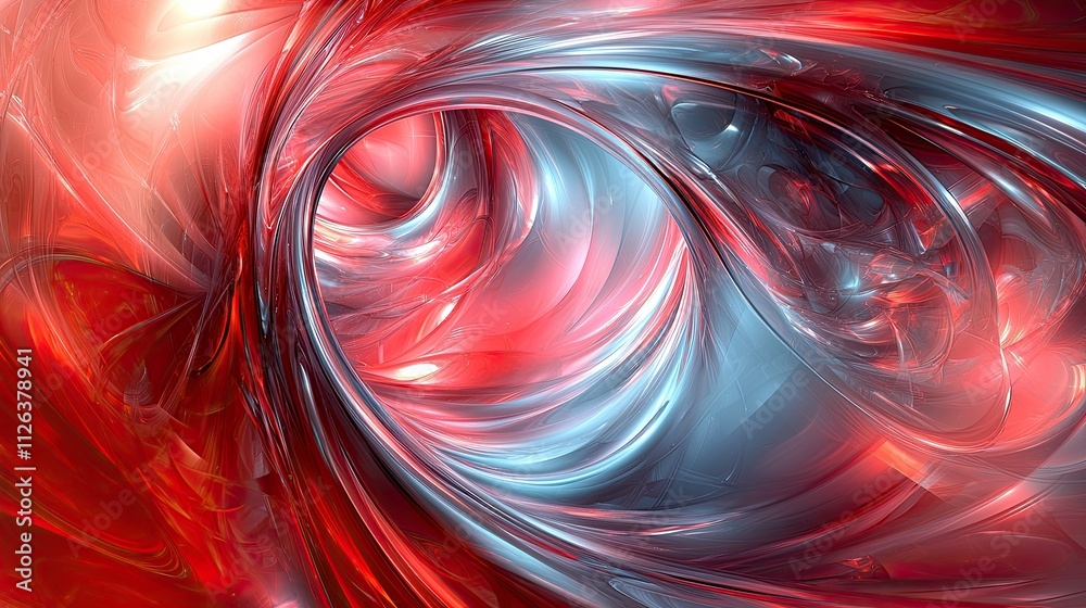 Poster swirling abstract design featuring red and blue hues with smooth gradients creating a dynamic visual