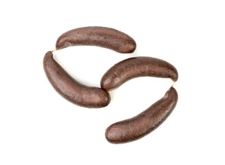 Black pudding isolated, blood sausage kaszanka, traditional Polish terrine, brawn sausages on white