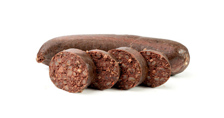 Black pudding isolated, blood sausage kaszanka, traditional Polish terrine, brawn sausages on white