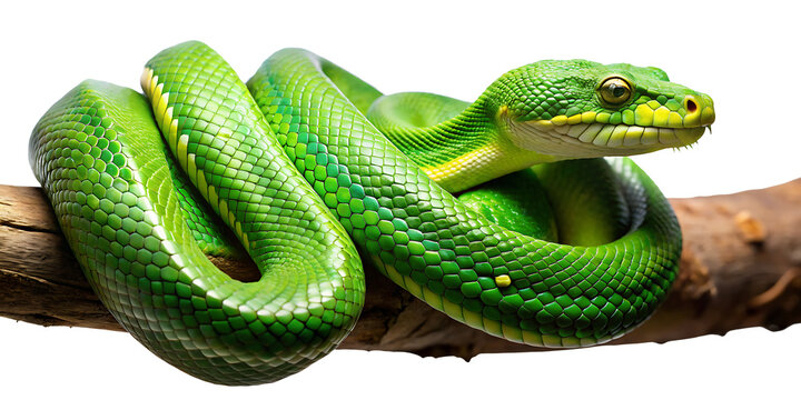 A green snake lying on a tree branch PNG  isolated on a white background.AI GENERATED - Powered by Adobe