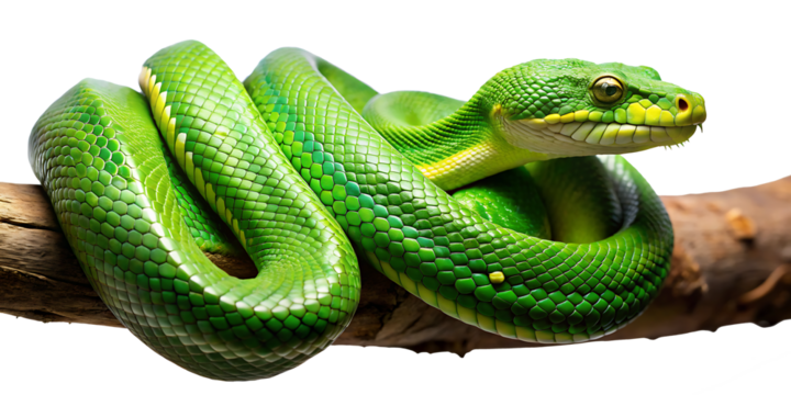 A green snake lying on a tree branch PNG  isolated on a white background.AI GENERATED