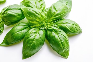 Fototapeta premium Fresh green basil leaves on white background