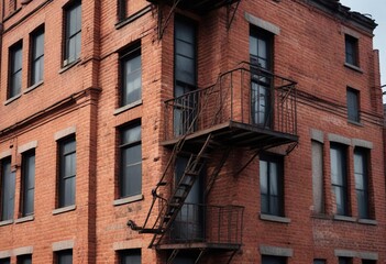 Naklejka premium Old, rusty fire escape on a worn brick building, old buildings, rusty metal