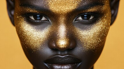 A woman with gold face paint on her face. The gold face paint is on her nose, cheeks, and forehead
