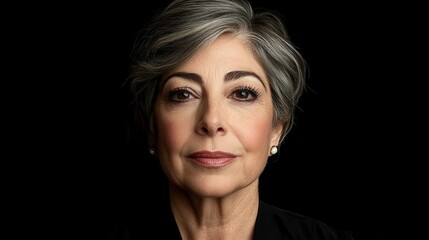 Fototapeta premium A woman with grey hair and makeup. She is wearing a black dress. The image is black and white