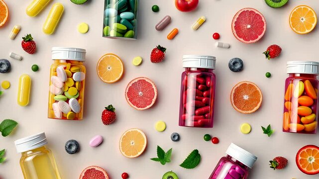 video of jars with vitamins or medicine on a white background surrounded by fruits, health, pharmacy, dietary supplements