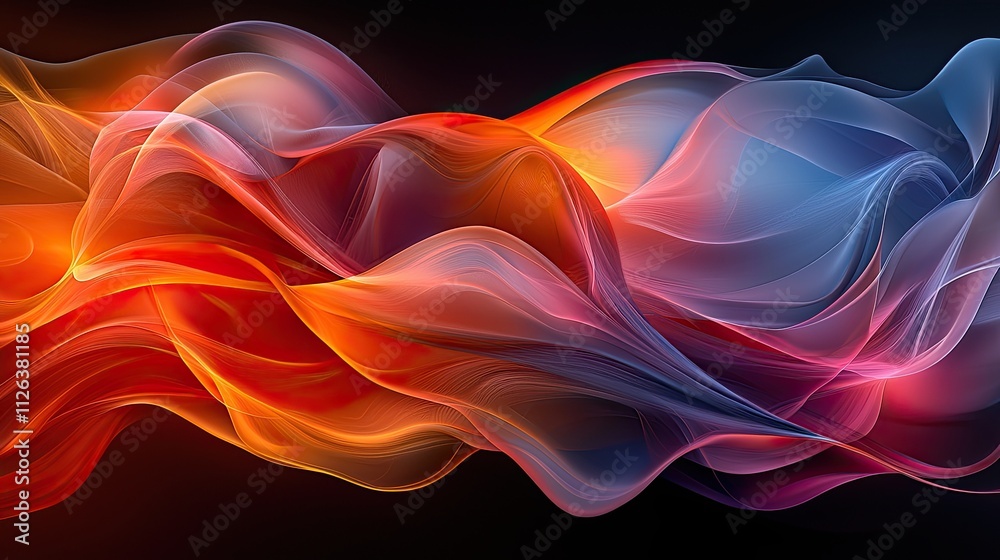 Poster vibrant flowing waves of color creating a dynamic abstract design with fiery and cool tones