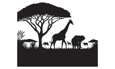 Black deer silhouette vector illustration on sunset landscape with wild forest