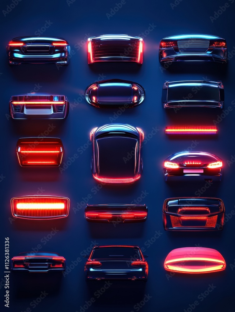 Poster Brightly colored LED car headlights and tail lights are artistically arranged against a dark background, creating a striking visual effect. Generative AI