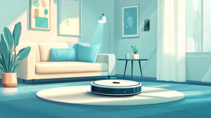 Modern living room with robot vacuum, cozy home decor, stylish interior design, clean space, automated cleaning device