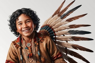 Obraz premium Smiling boy in Native American headdress.