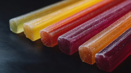 Colorful, glossy candy sticks arranged in a row, showcasing a variety of vibrant hues against a dark background.