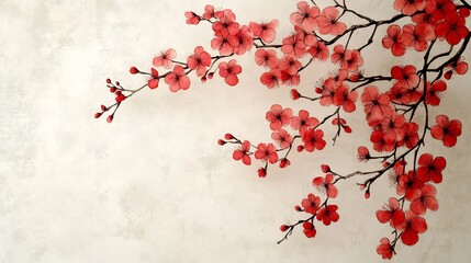 Hanging Cherry Blossom Branch in Soft Ink and Gray Tones